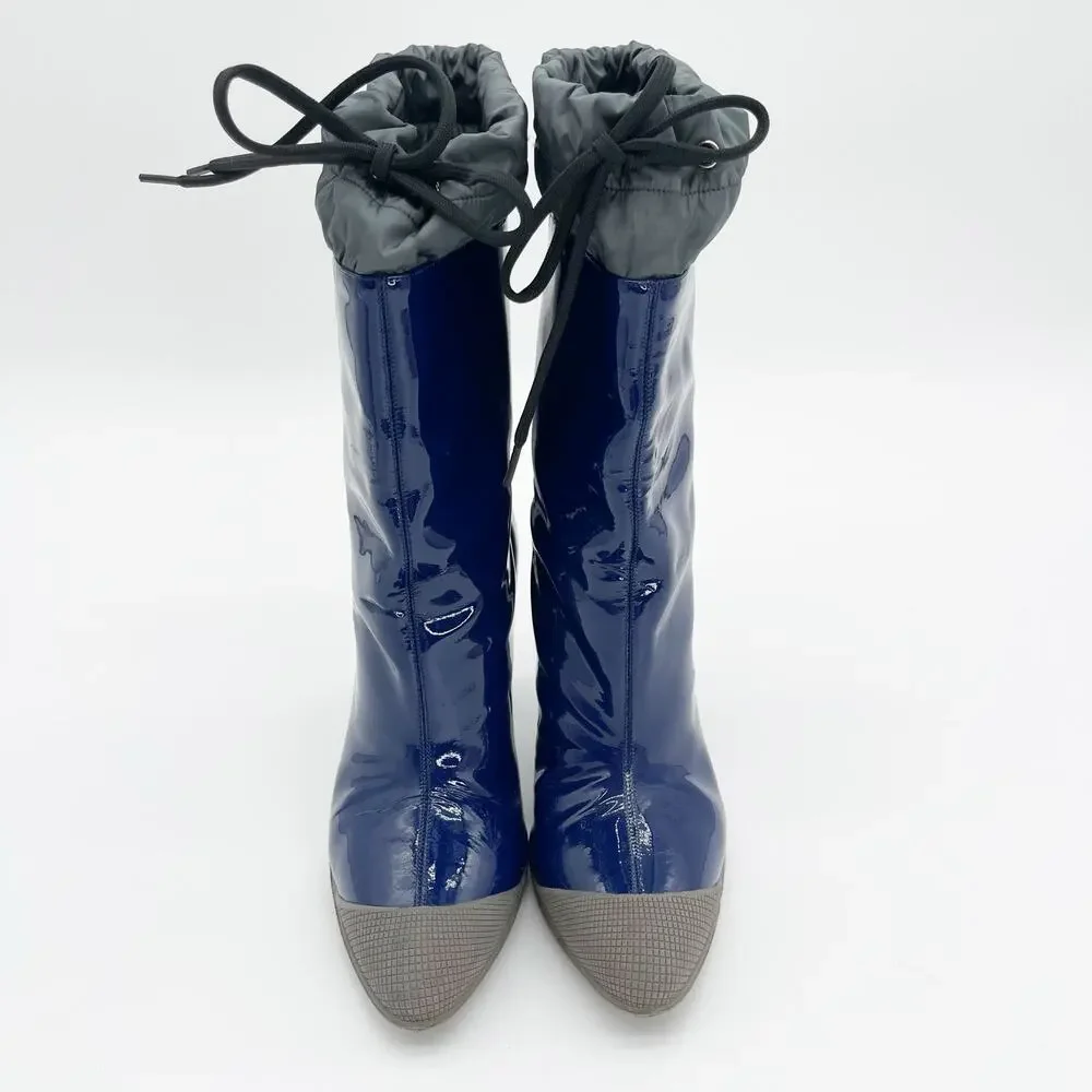 Miu Miu F/W 2014 Blue Patent Wellington Rubber Cap Toe Heeled Rain Boots IT 36.5